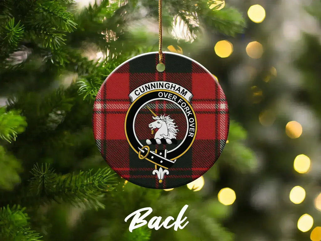 Cunningham clan tartan ornament on Christmas tree — glossy ceramic with unicorn heraldic crest