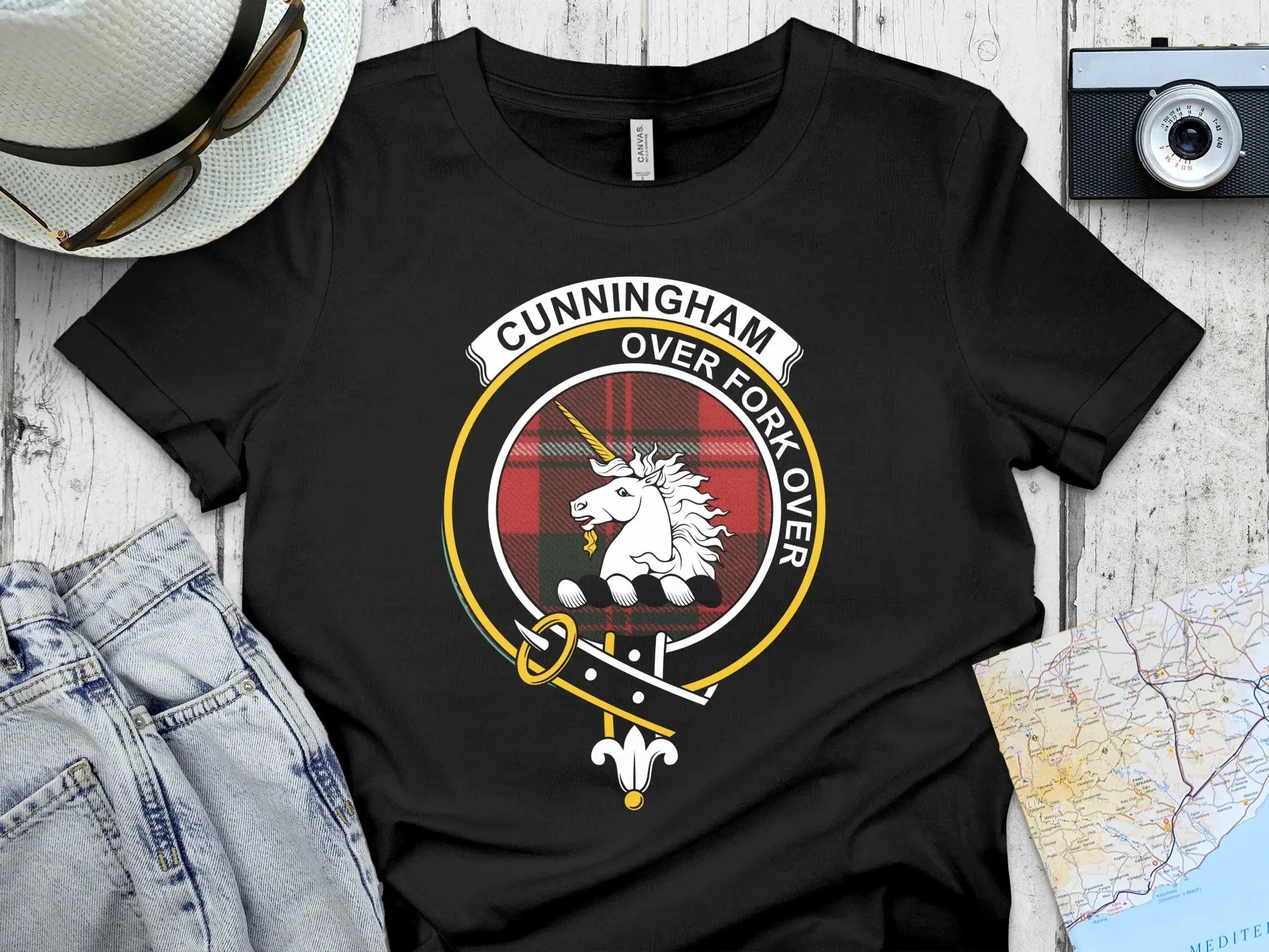 Cunningham clan crest tartan t-shirt — unicorn heraldic design and Over Fork Over motto on 100% cotton