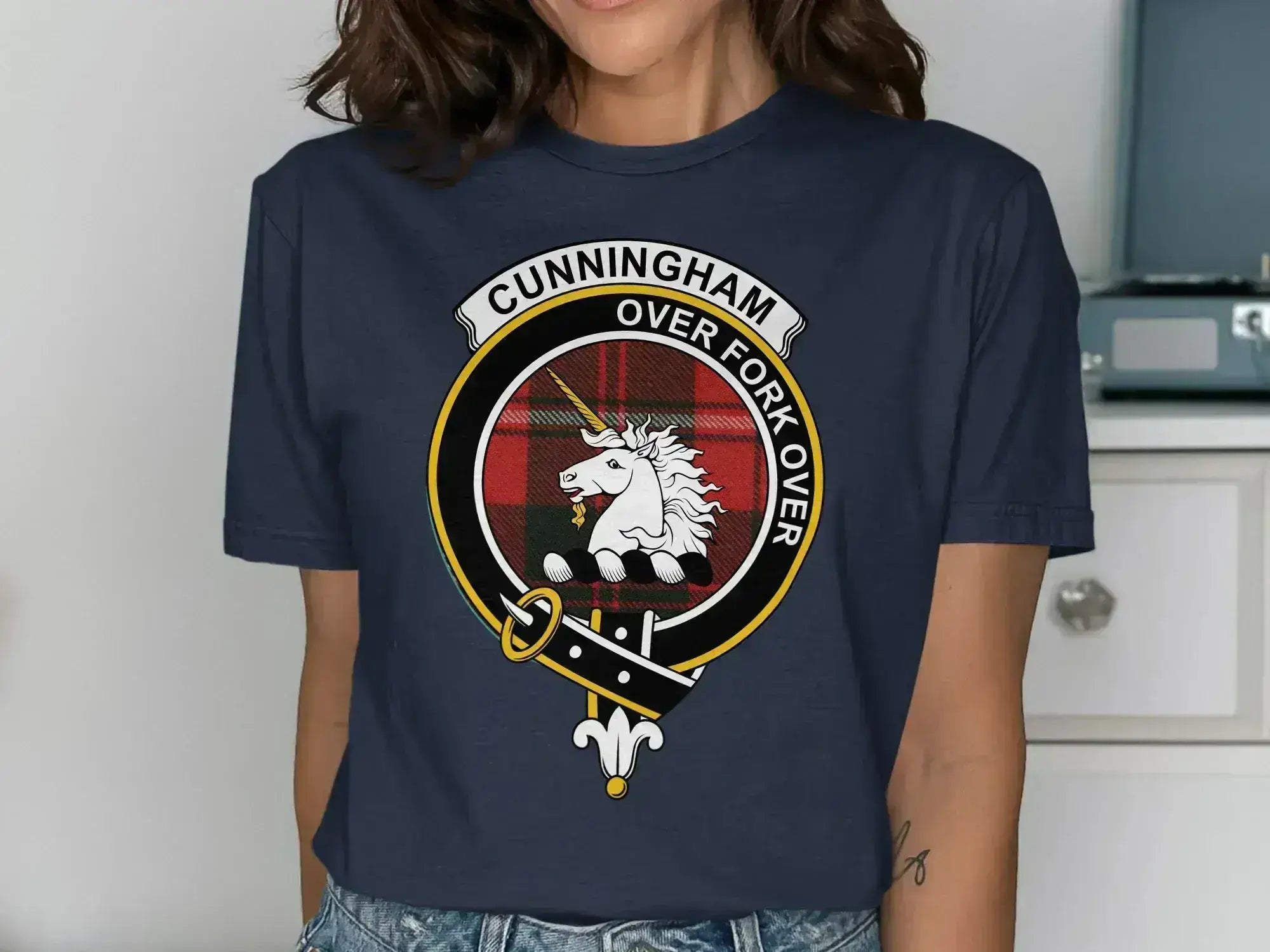 Cunningham Over Fork Over t-shirt in navy — clan crest on chest, unisex cotton fit