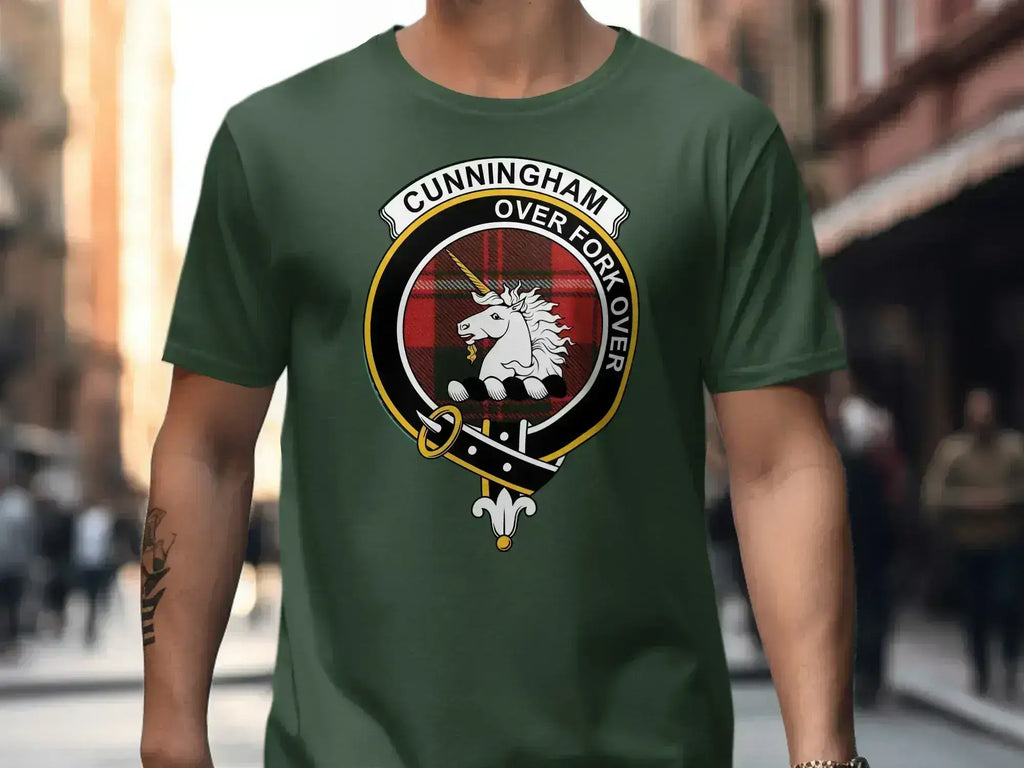 Cunningham clan crest t-shirt in black — unicorn emblem and Over Fork Over on 100% cotton