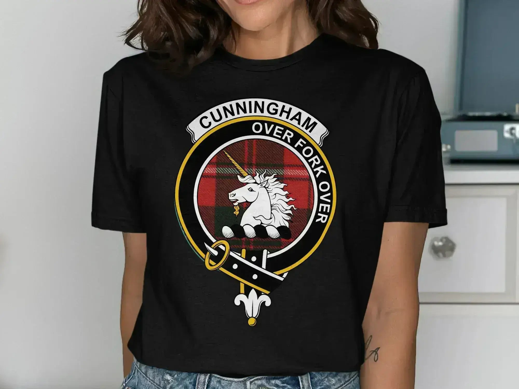 Cunningham Over Fork Over crest t-shirt in black — heraldic unicorn design on cotton