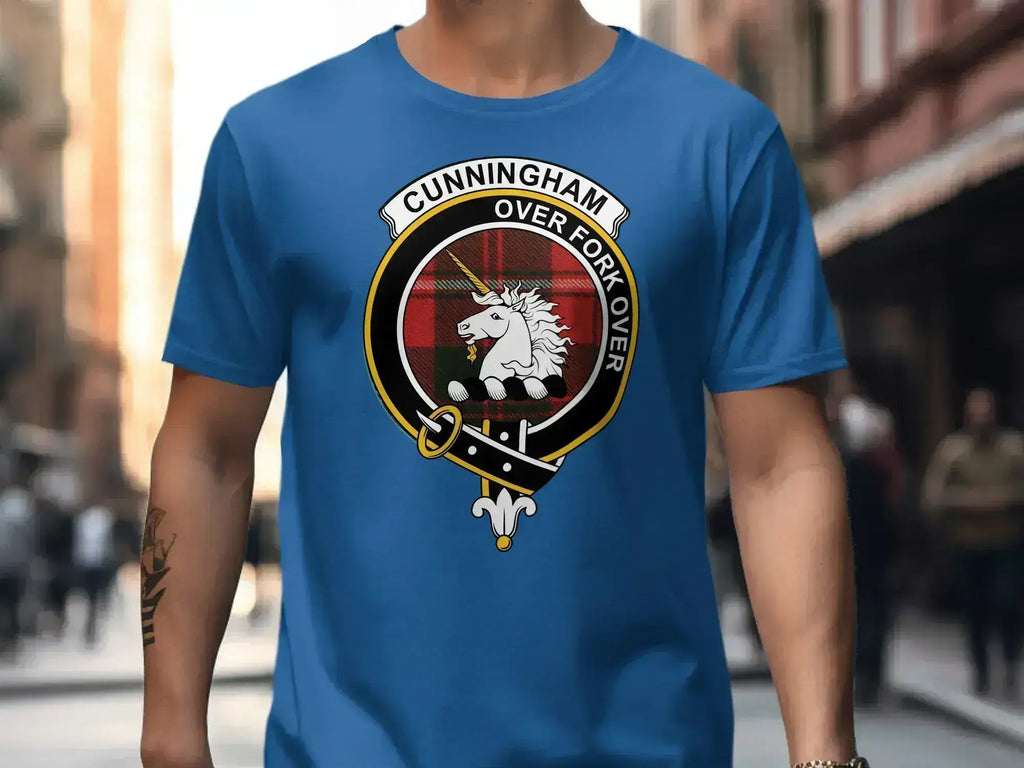 Cunningham clan crest tee in forest green — Over Fork Over unicorn emblem on cotton