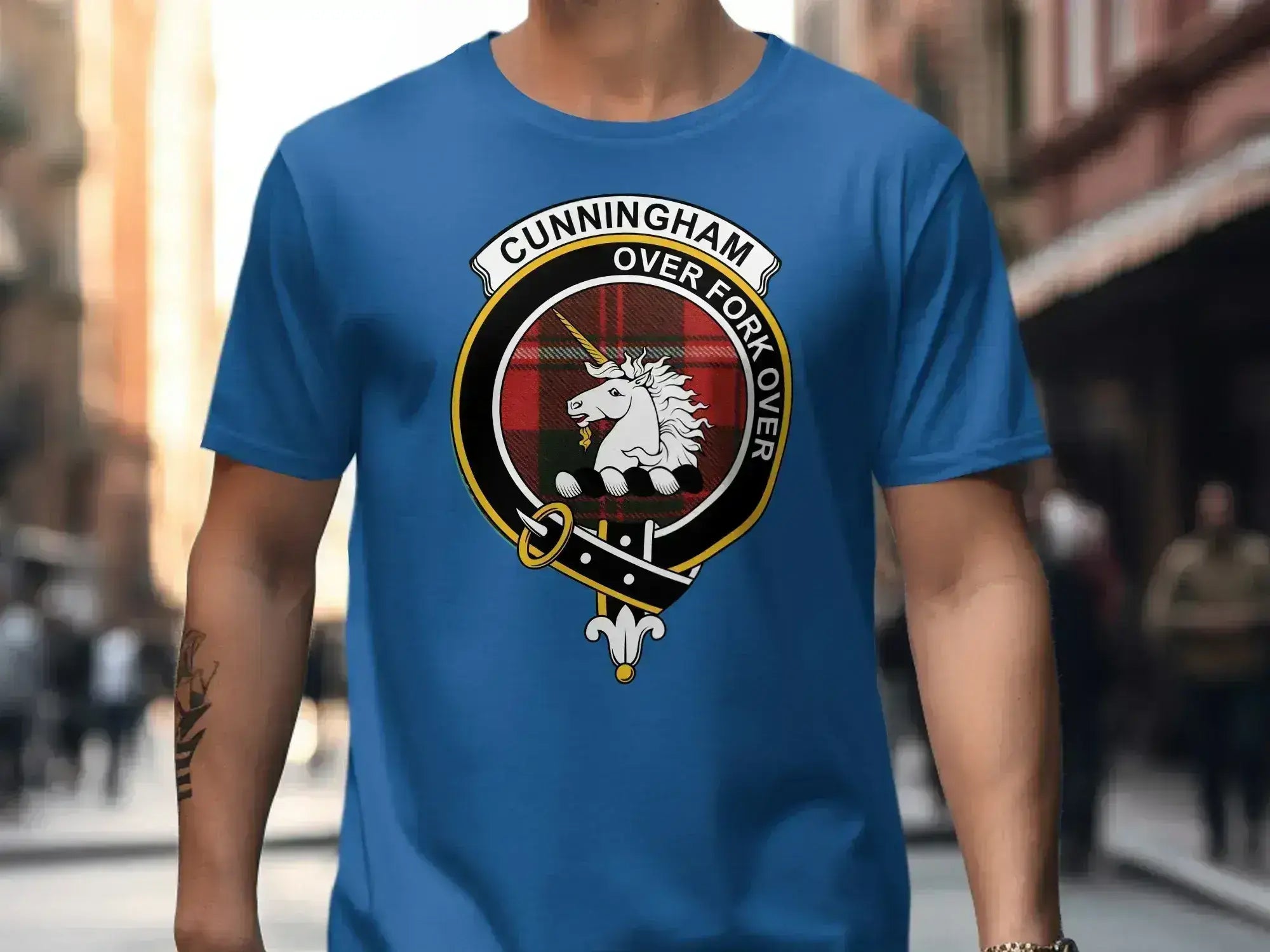 Cunningham clan crest tee in forest green — Over Fork Over unicorn emblem on cotton