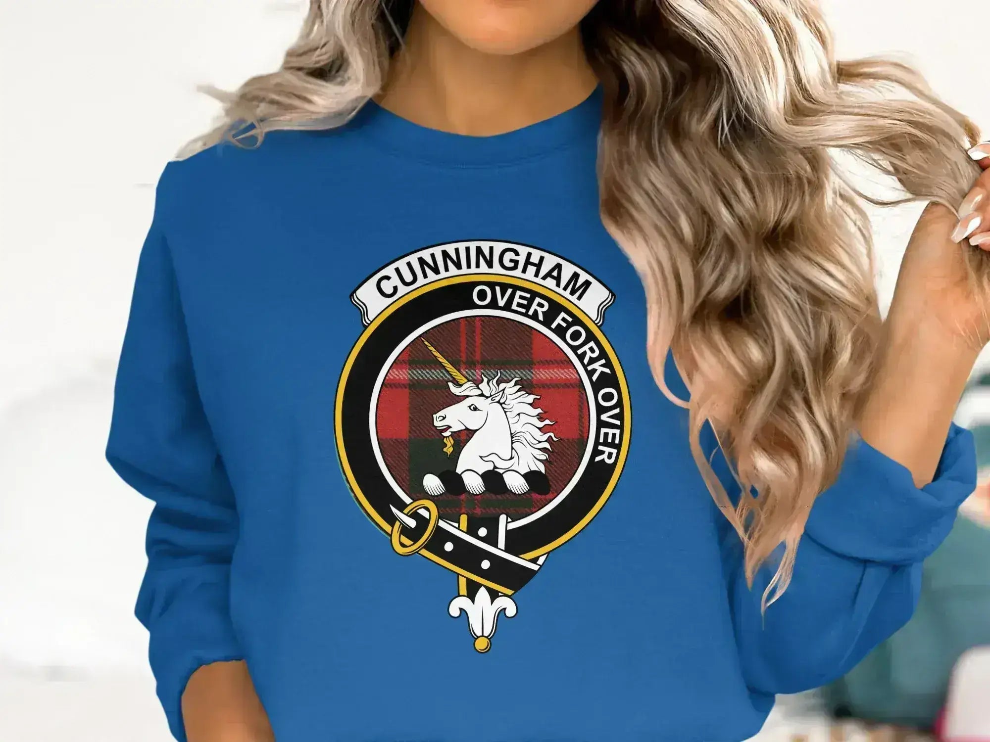 Cunningham clan crest family crest sweatshirt — heraldic unicorn design on fleece