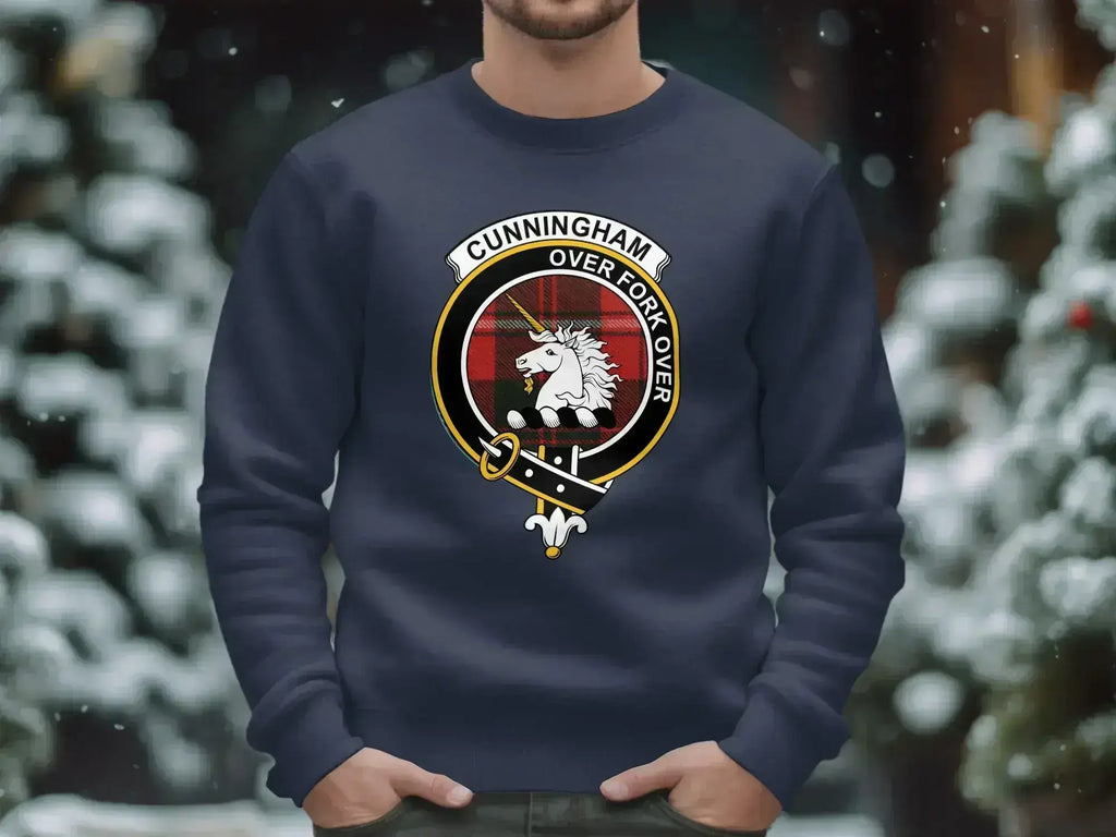 Cunningham Over Fork Over emblem sweatshirt — full clan crest design on fleece, laid flat
