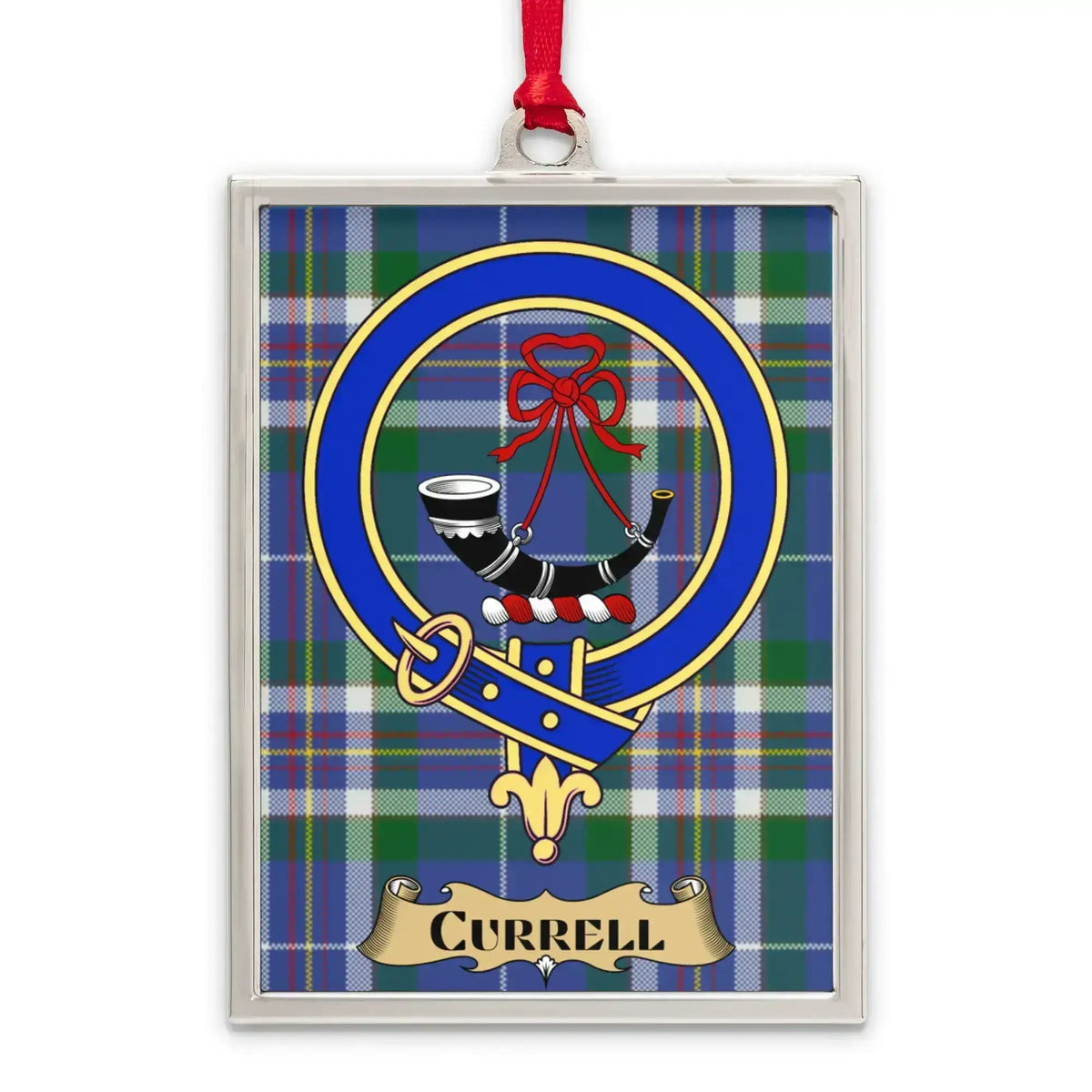Currell tartan-background crest ornament shown as a Scottish heritage keepsake gift