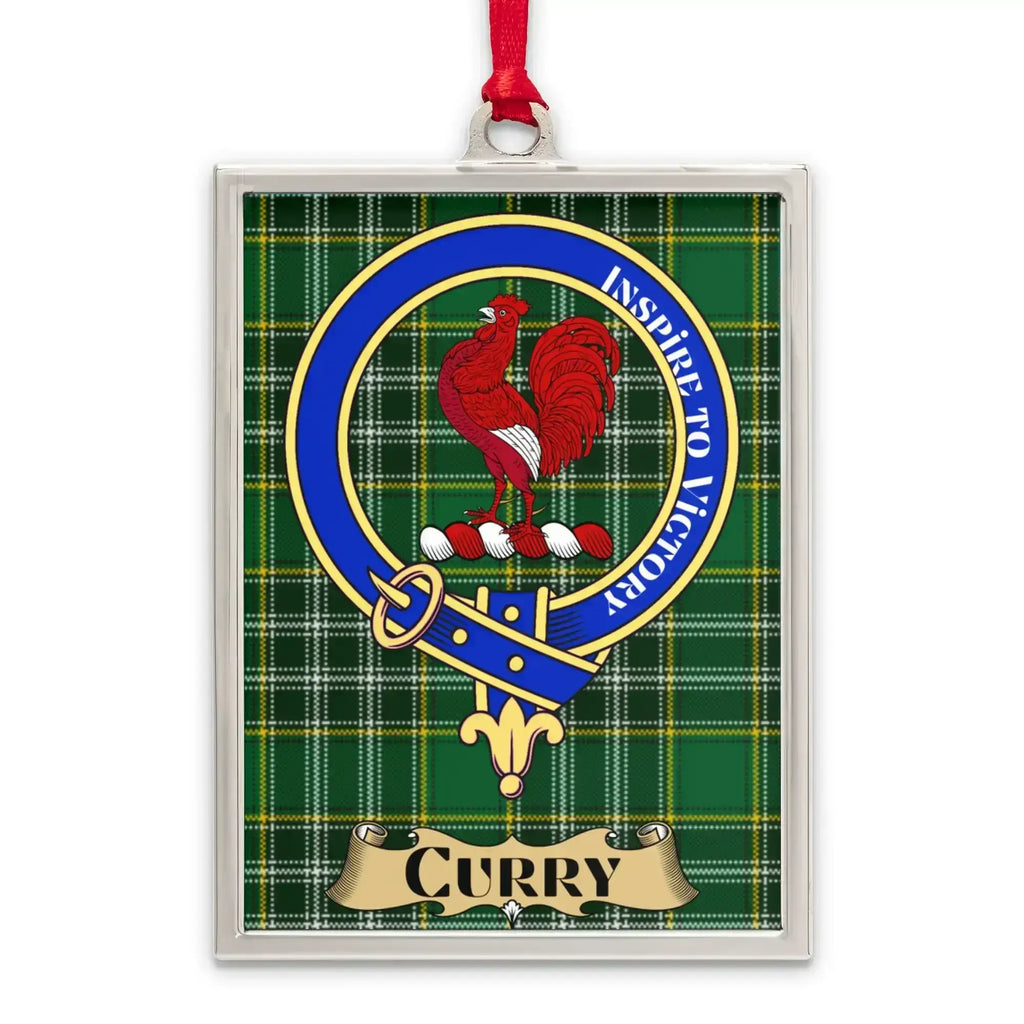 Curry tartan-background crest ornament shown as a Scottish heritage keepsake gift