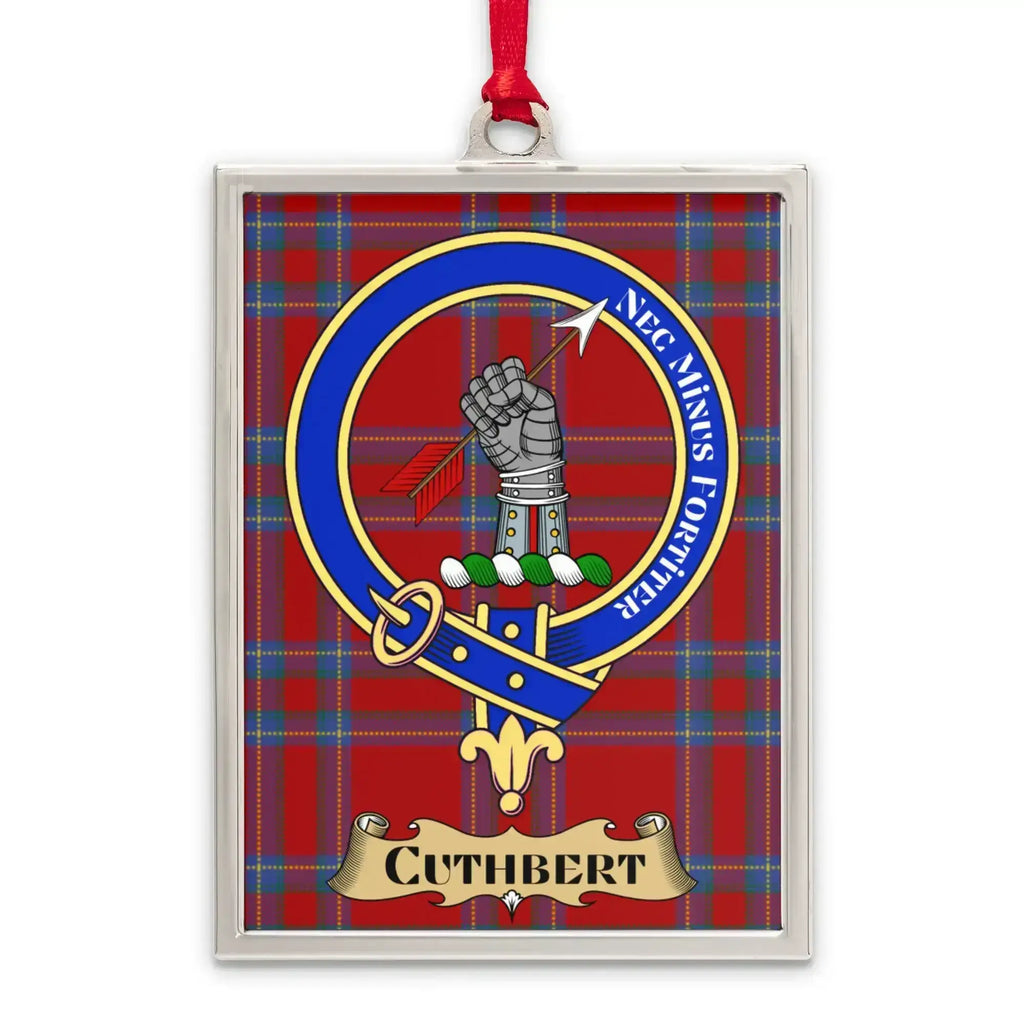 Cuthbert tartan-background crest ornament shown as a Scottish heritage keepsake gift