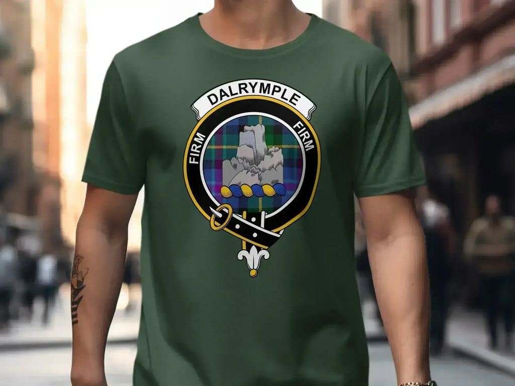 Clan Dalrymple tartan print t-shirt in royal blue — crest detail, S to 3XL
