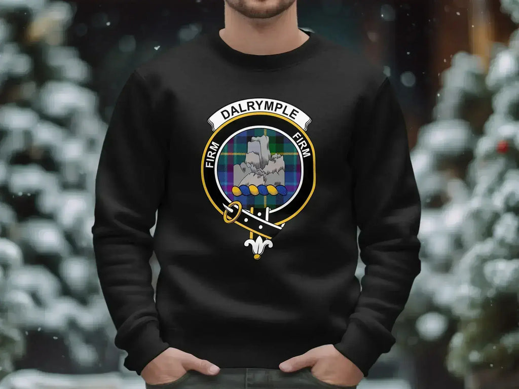 Dalrymple Scottish clan sweatshirt in black — ribbed cuffs, fleece interior, front print