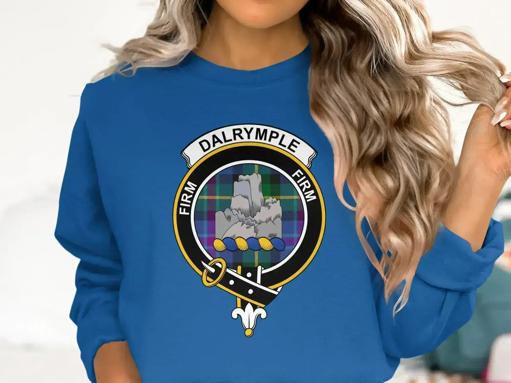 Clan Dalrymple tartan sweatshirt in navy — crewneck, crest and motto Firm on chest