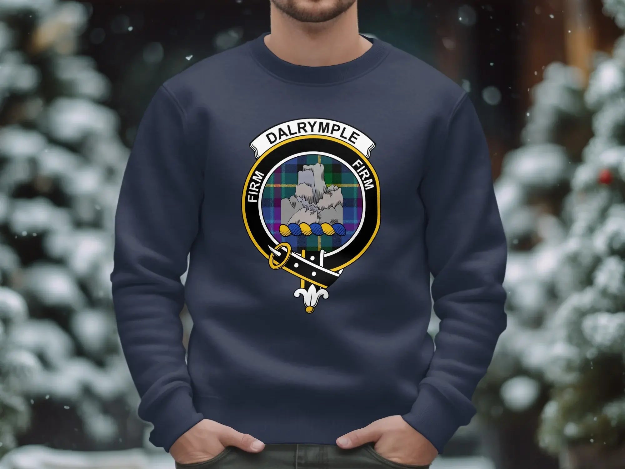 Dalrymple clan crest crewneck sweatshirt in royal blue — heavyweight fleece, S to 3XL