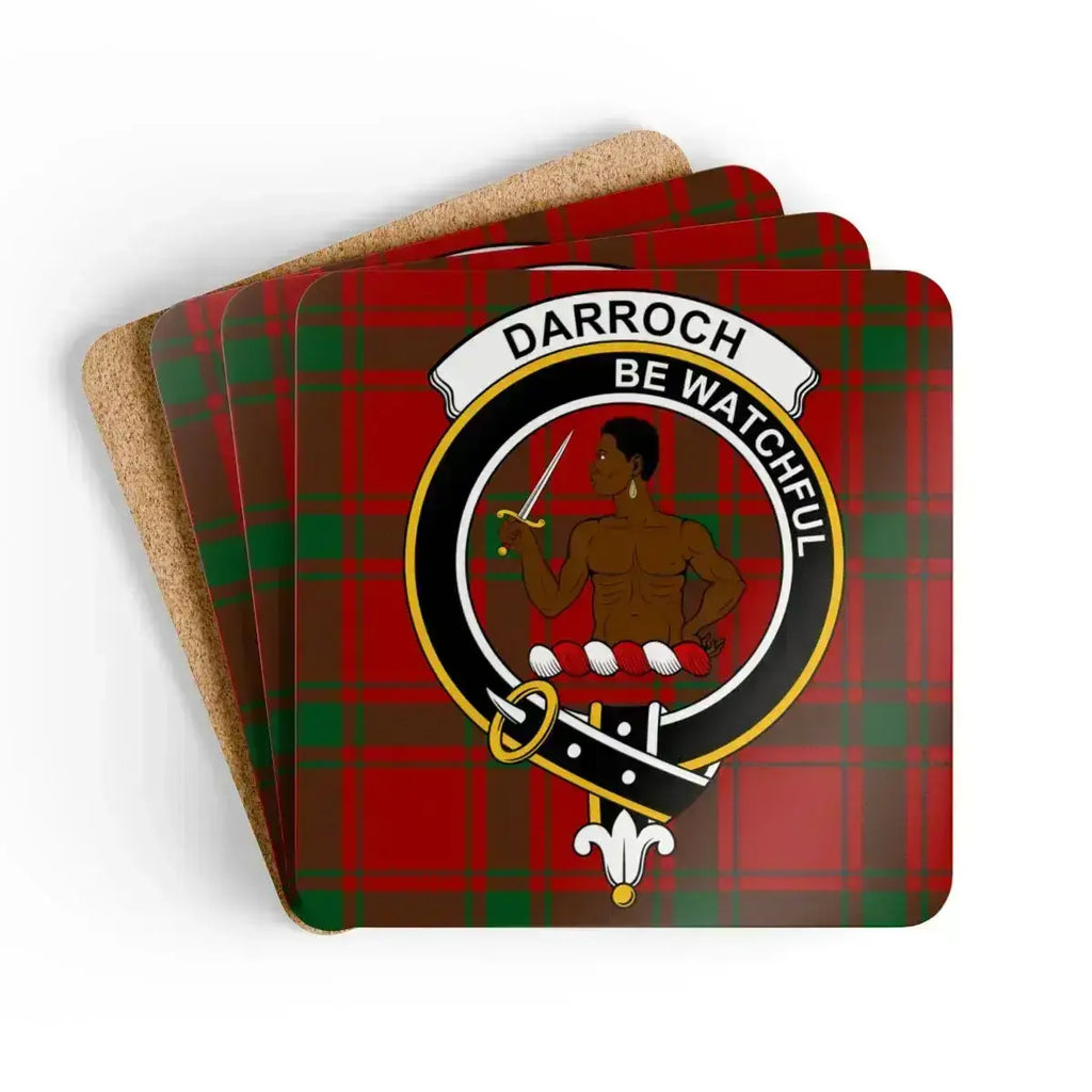 Clan Darroch tartan coaster set — square cork, full-colour crest print, top view