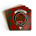 Clan Darroch tartan coaster set — square cork, full-colour crest print, top view