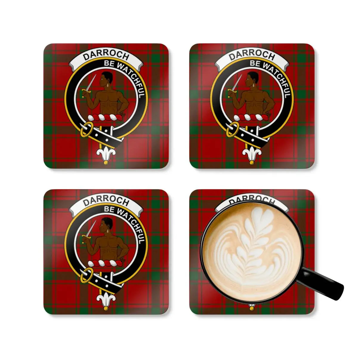 Darroch Scottish clan crest coasters — glossy finish showing tartan and motto Be Watchful