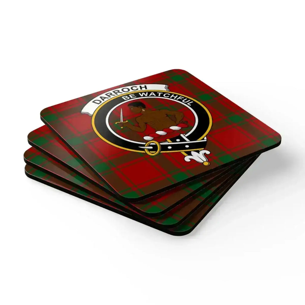 Darroch coaster set angled view — natural cork base, full-colour clan tartan print