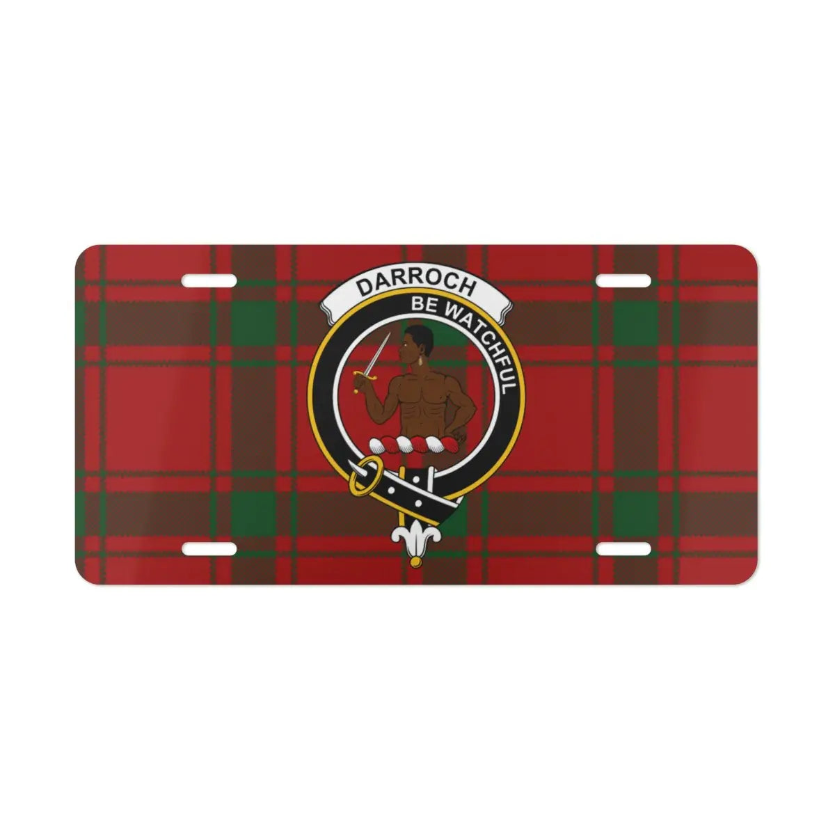 Clan Darroch Scottish tartan license plate — full-colour crest print, aluminium, wall display