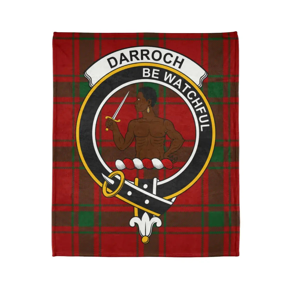 Darroch tartan throw blanket close-up — crest and motto Be Watchful in full colour