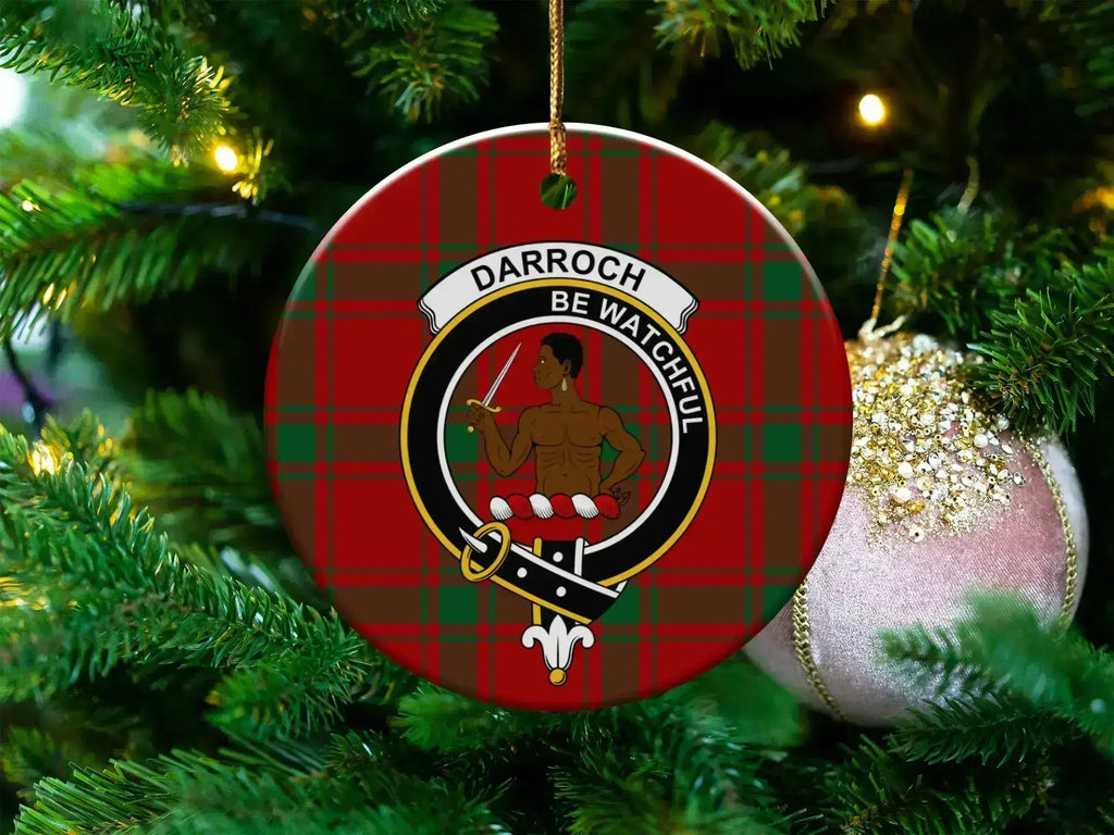 Clan Darroch round ceramic ornament — front view showing crest and tartan with gold hanging string