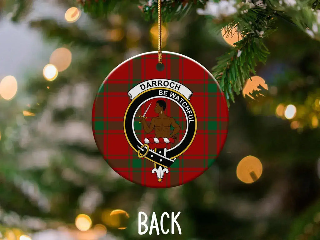 Darroch tartan ceramic ornament — 3 inch double-sided, crest and motto Be Watchful