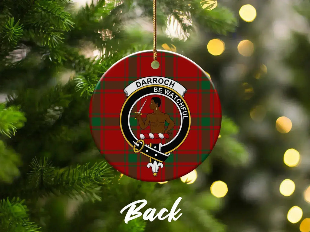 Clan Darroch Christmas ornament close-up — round ceramic, pre-drilled hole, tartan design