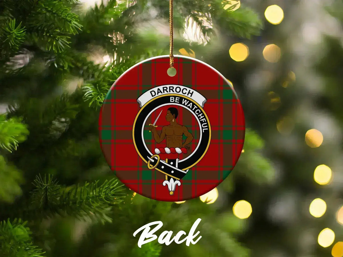 Clan Darroch Christmas ornament close-up — round ceramic, pre-drilled hole, tartan design