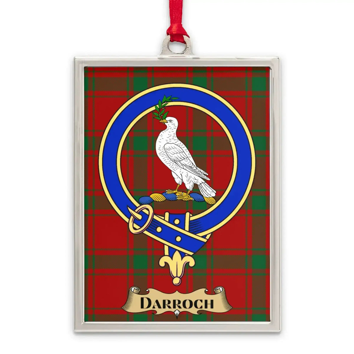 Darroch tartan-background crest ornament shown as a Scottish heritage keepsake gift