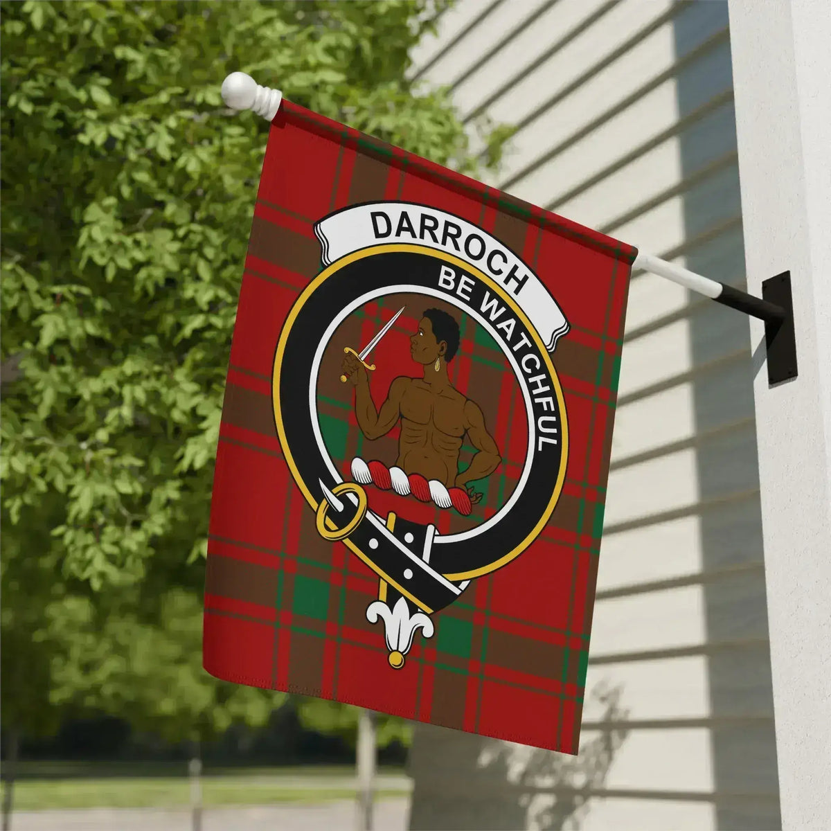 Clan Darroch tartan garden flag — 12x18 full-colour outdoor flag showing crest and motto Be Watchful