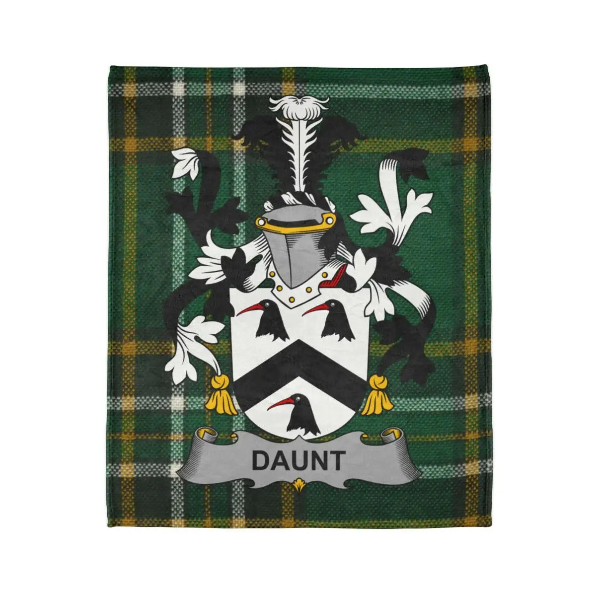 Daunt Family Crest on Green Tartan Background Blanket