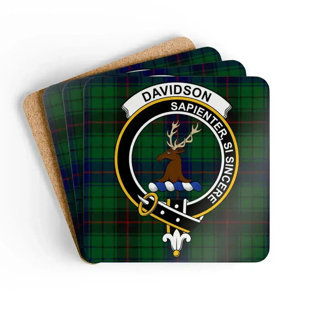 Davidson clan crest tartan coaster set of 4 — natural cork squares with sealed heraldic design