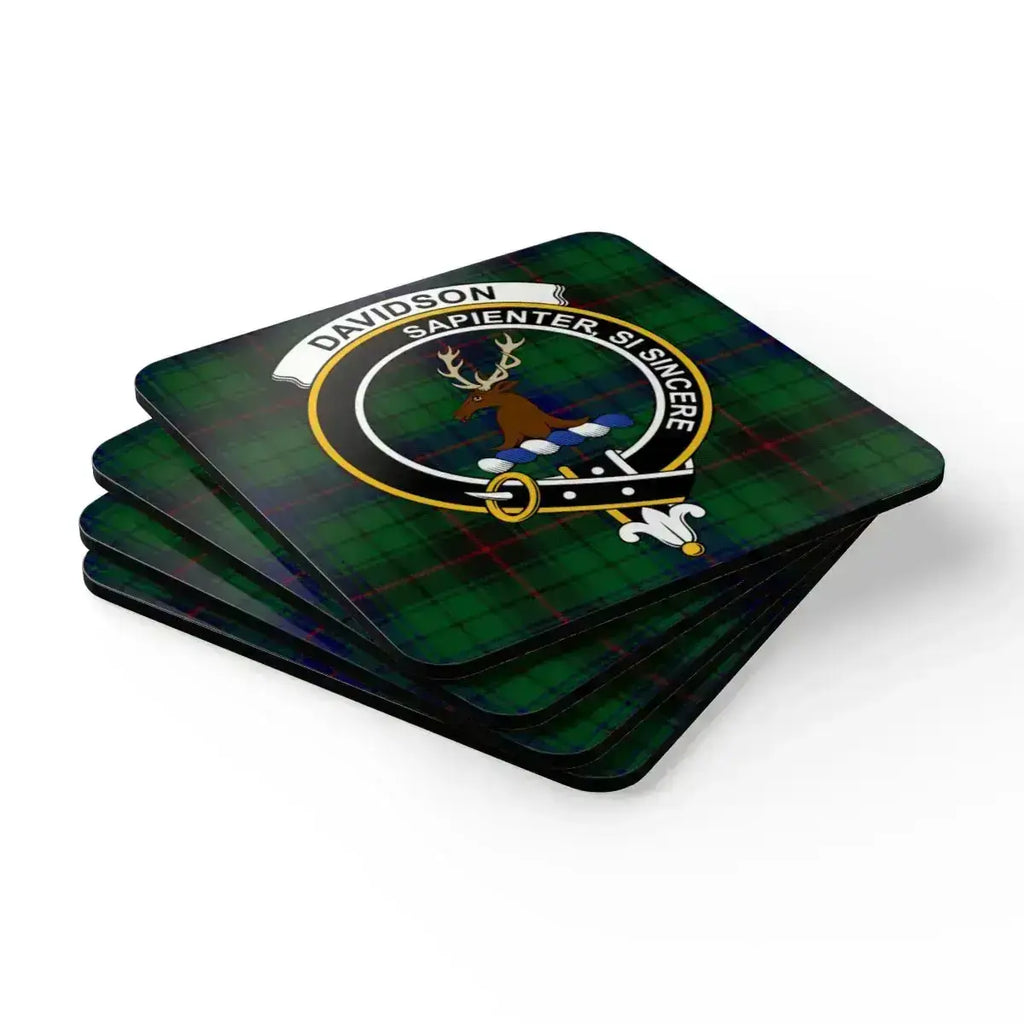 Davidson clan crest patterned coasters — four natural cork squares with heraldic tartan design