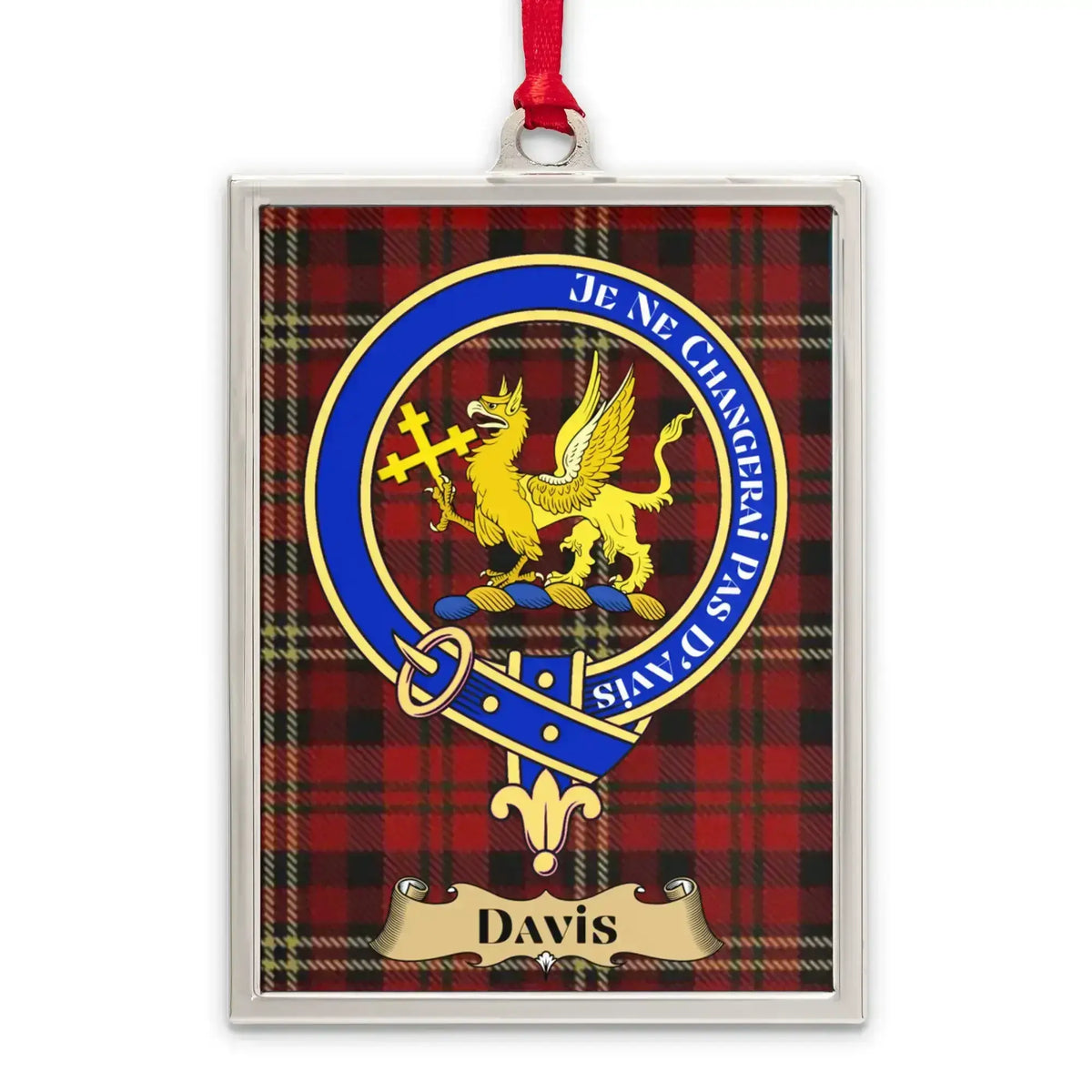 Davis tartan-background crest ornament shown as a Scottish heritage keepsake gift