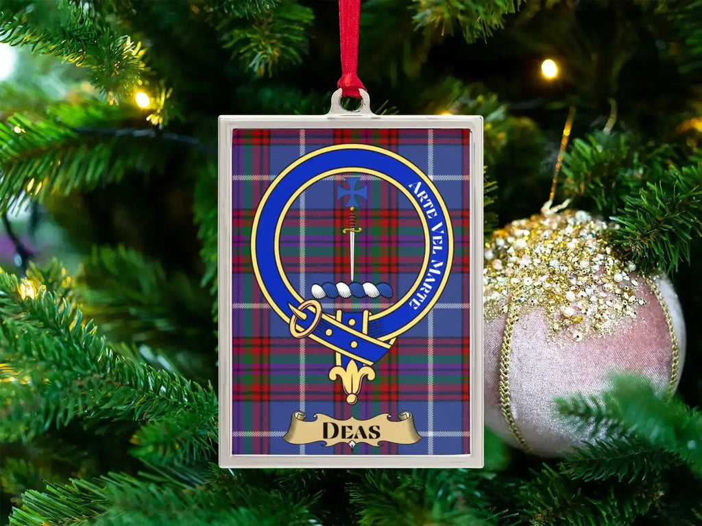Deas clan crest Christmas ornament in a silver frame on a tartan background