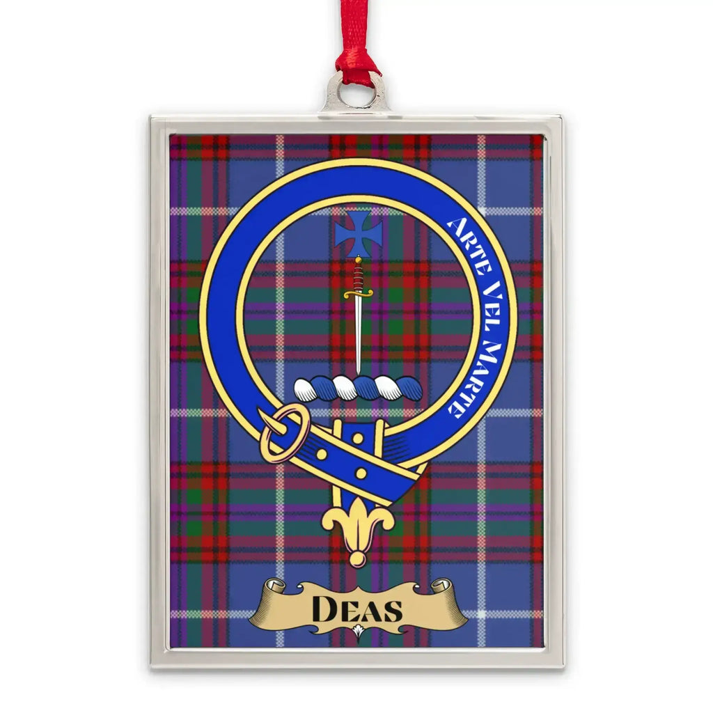 Deas tartan-background crest ornament shown as a Scottish heritage keepsake gift