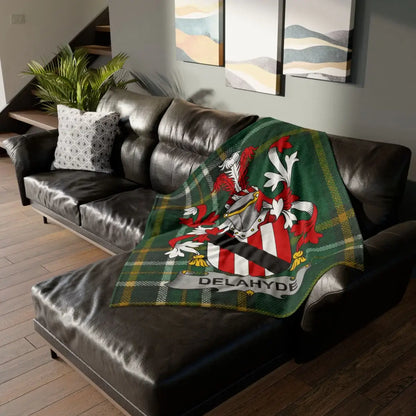 Cozy Delahyde Plaid Family Crest Throw Blanket