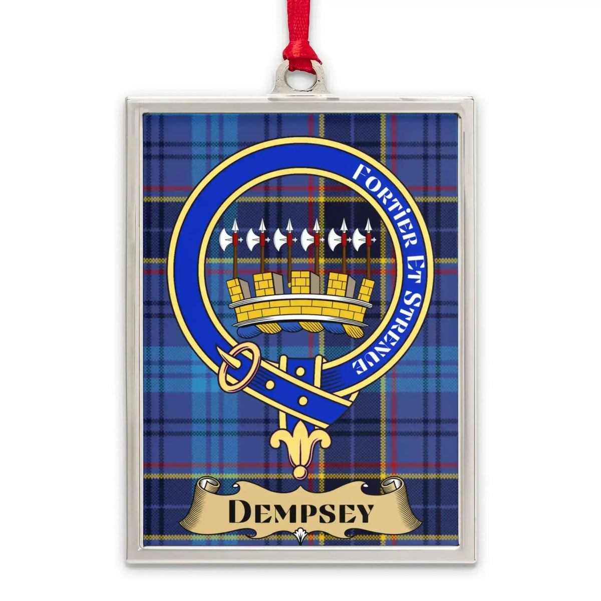 Dempsey Scottish clan tartan ornament with crest-style emblem