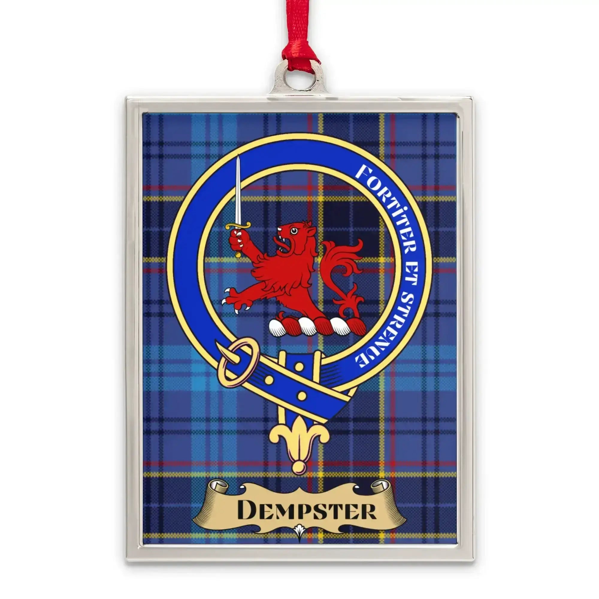 Dempster tartan-background crest ornament shown as a Scottish heritage keepsake gift