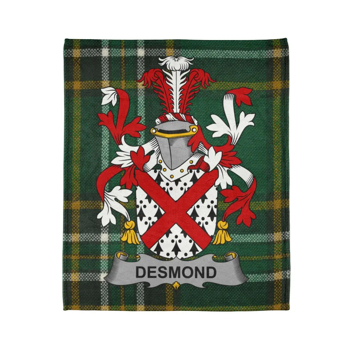 Desmond Family Crest on Green Plaid Background Blanket