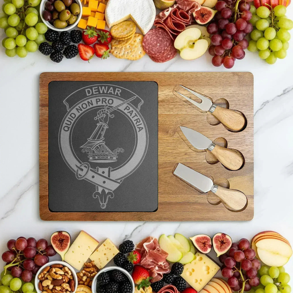 Dewar clan crest and For My Country motto engraved on acacia-and-slate board