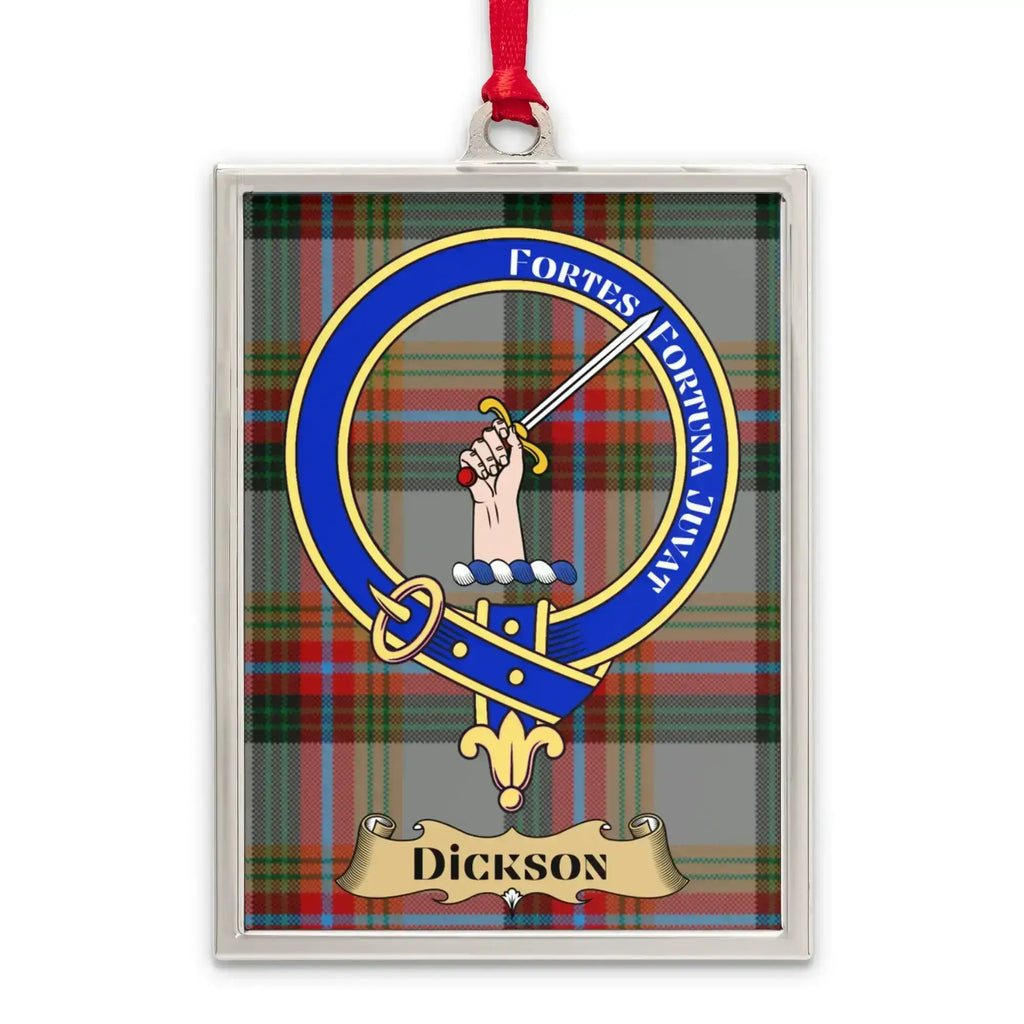 Dickson tartan-background crest ornament shown as a Scottish heritage keepsake gift