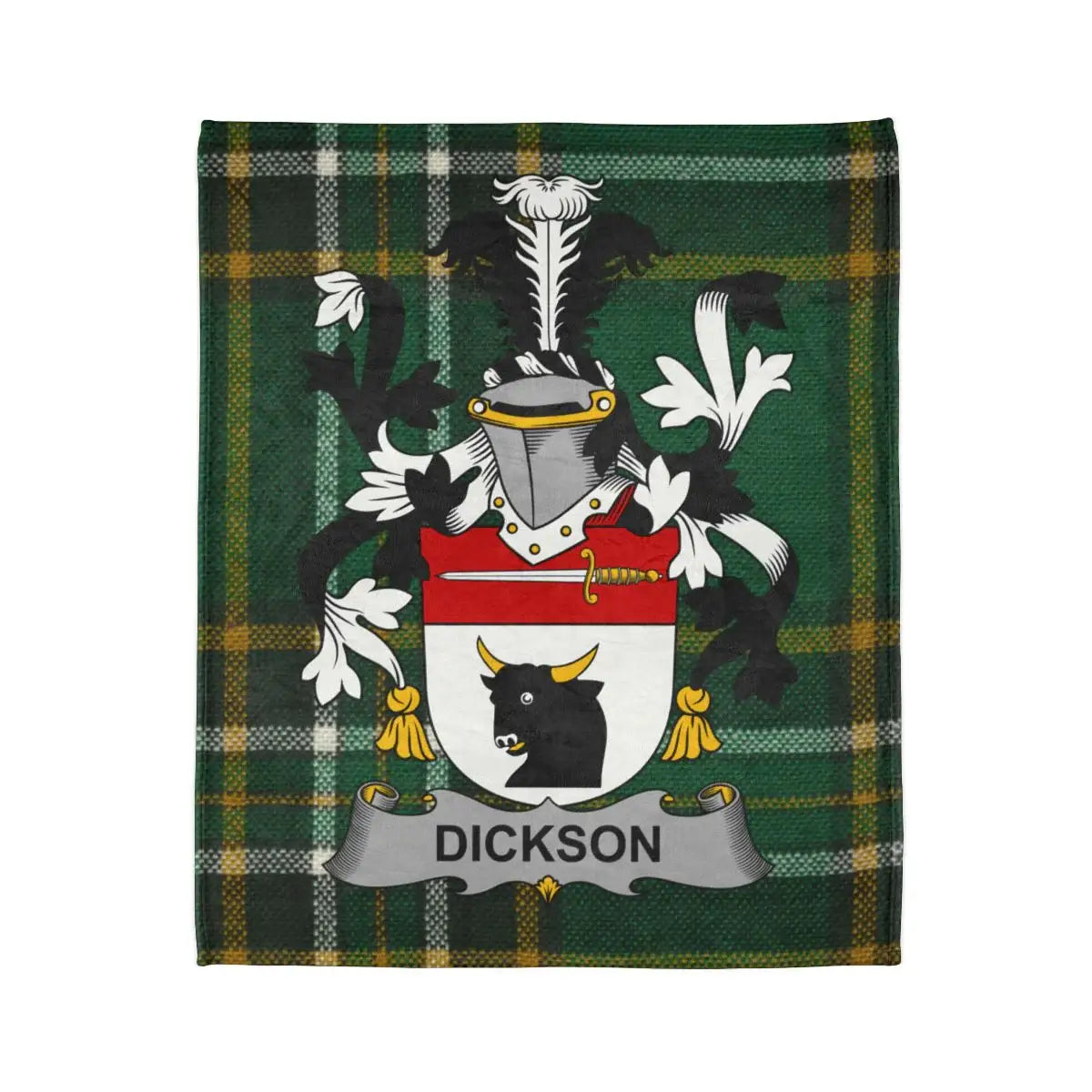Dickson Family Crest Emblem on Tartan Blanket