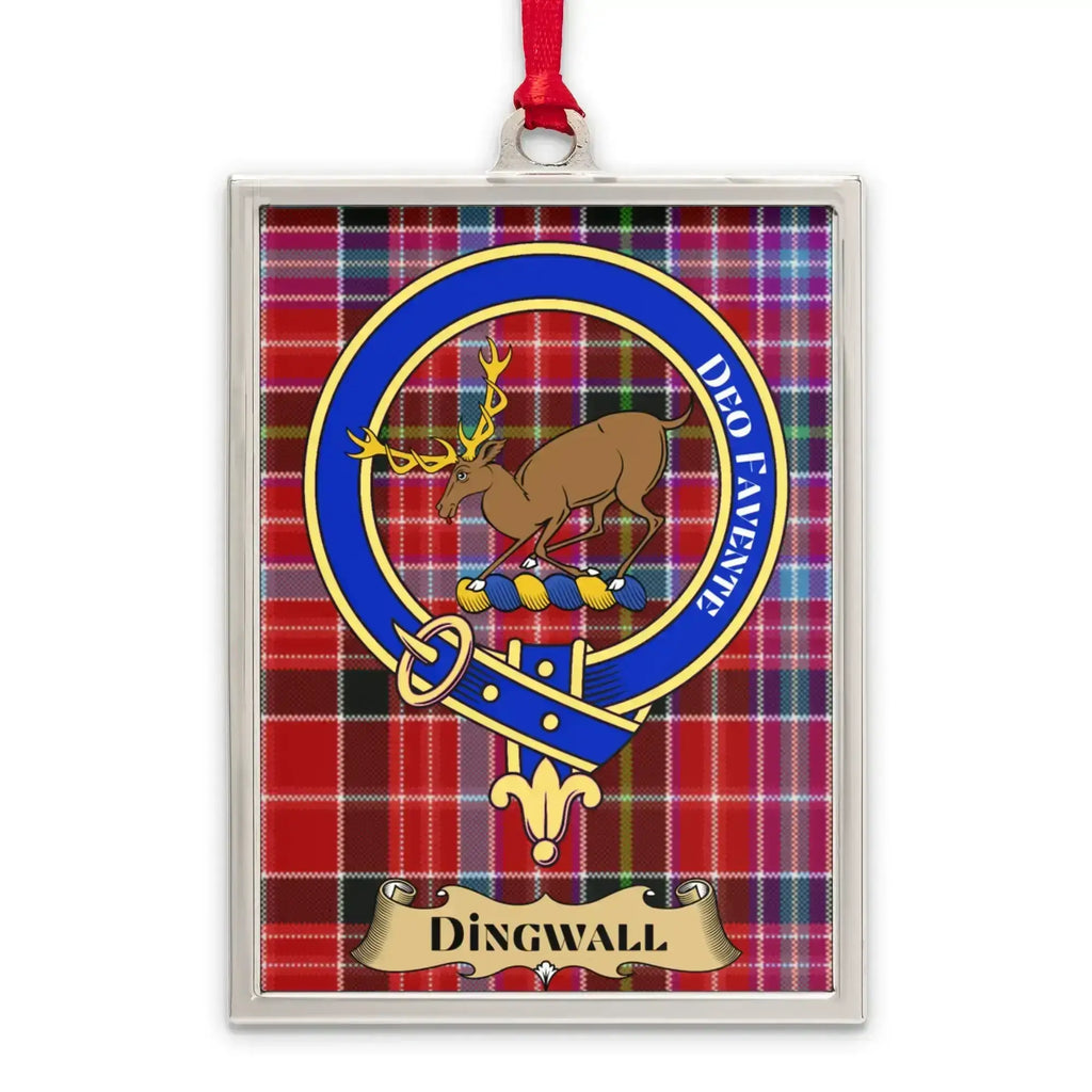 Dingwall tartan-background crest ornament shown as a Scottish heritage keepsake gift
