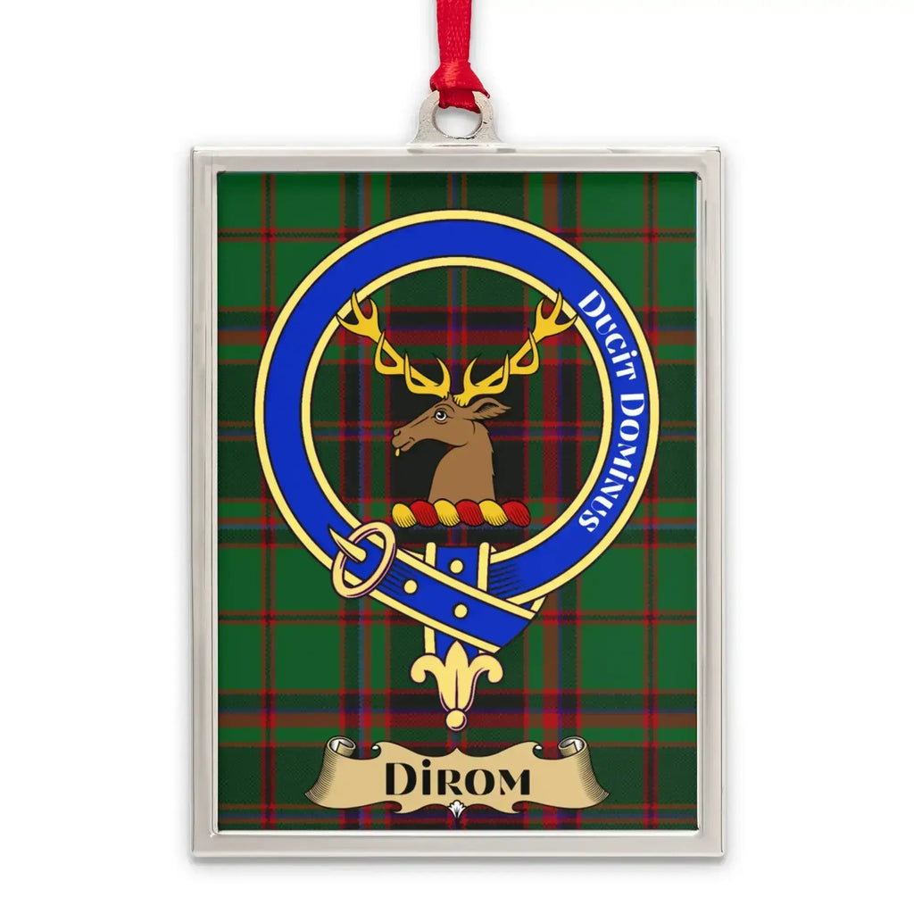 Dirom tartan-background crest ornament shown as a Scottish heritage keepsake gift