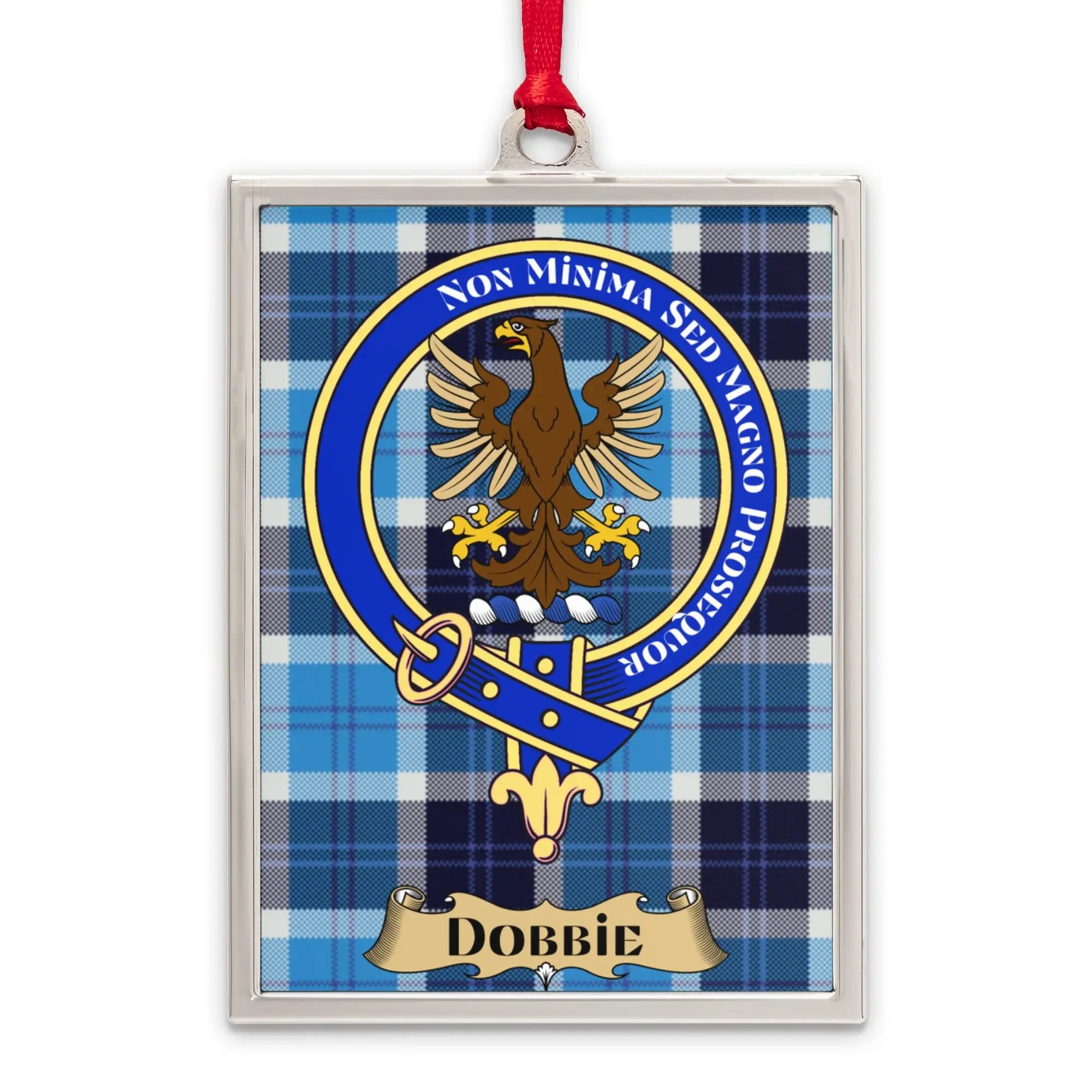 Dobbie tartan-background crest ornament shown as a Scottish heritage keepsake gift