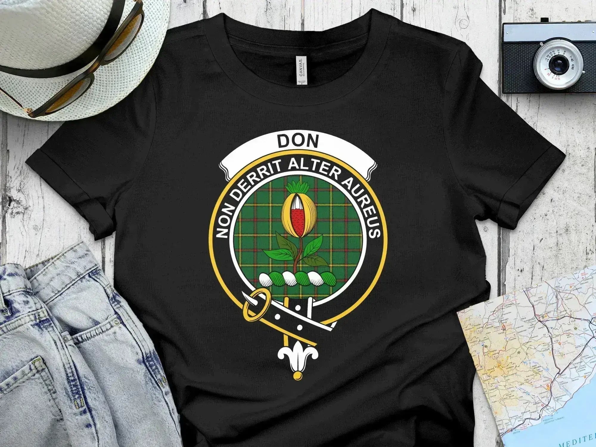 Don clan crest T-shirt with tartan design, front view