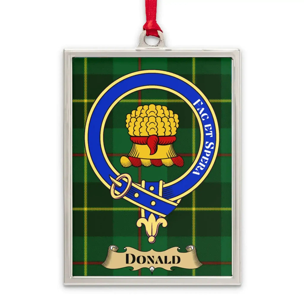 Donald tartan-background crest ornament shown as a Scottish heritage keepsake gift