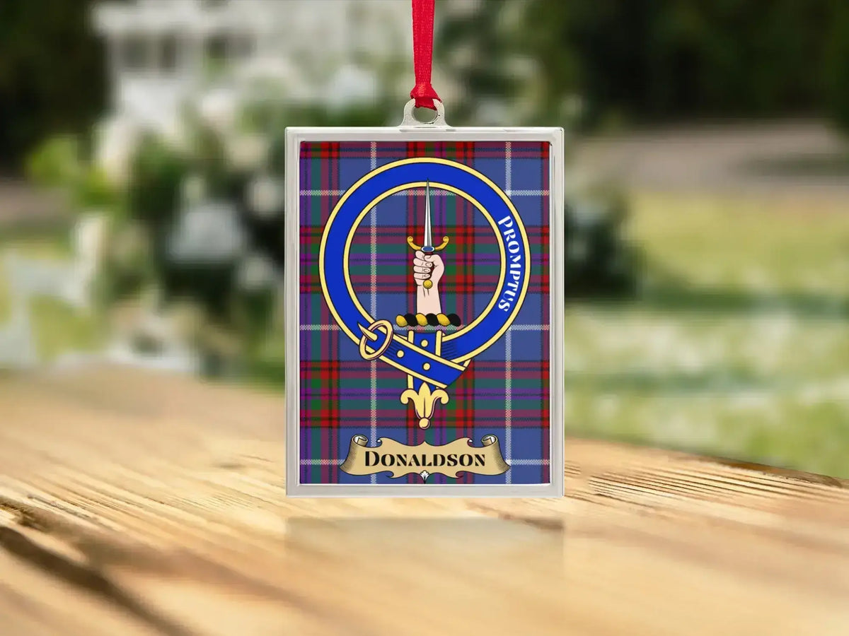 Close-up of the Donaldson family crest on a polished silver-frame metal ornament