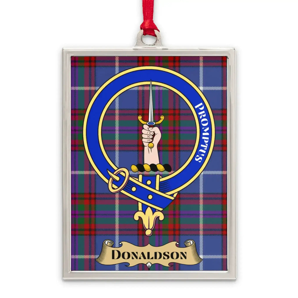 Donaldson tartan-background crest ornament shown as a Scottish heritage keepsake gift