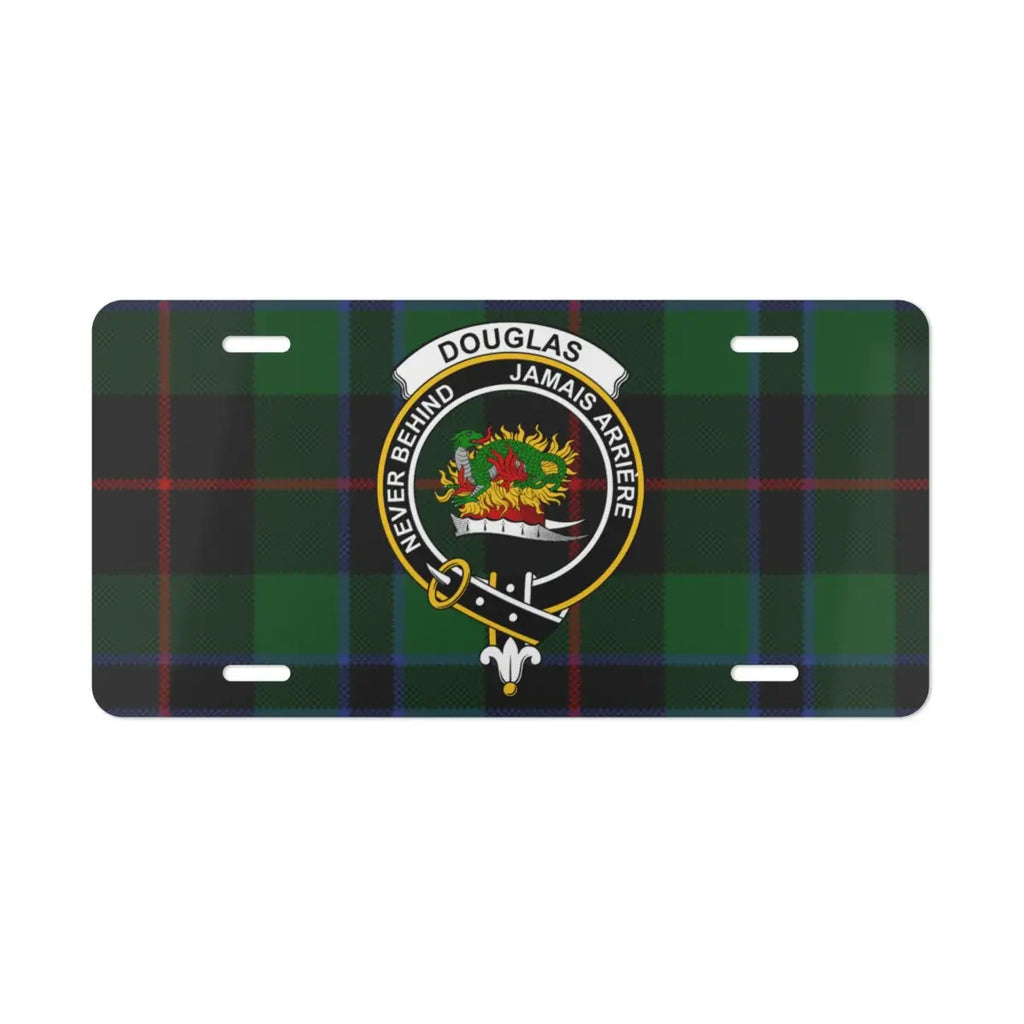 Douglas Never Behind Jamais Arriere novelty plate — heraldic clan crest design on aluminium