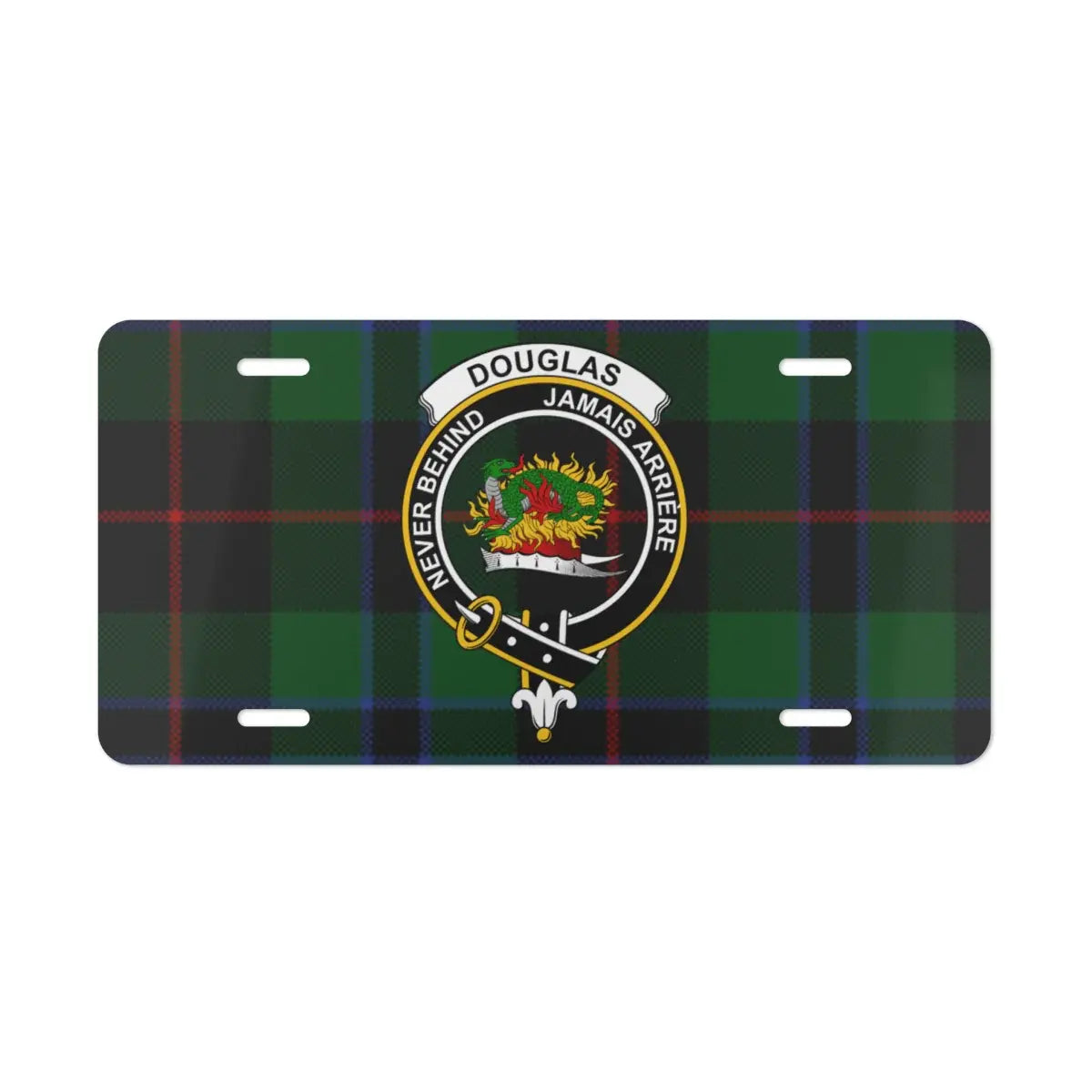Douglas Never Behind Jamais Arriere novelty plate — heraldic clan crest design on aluminium